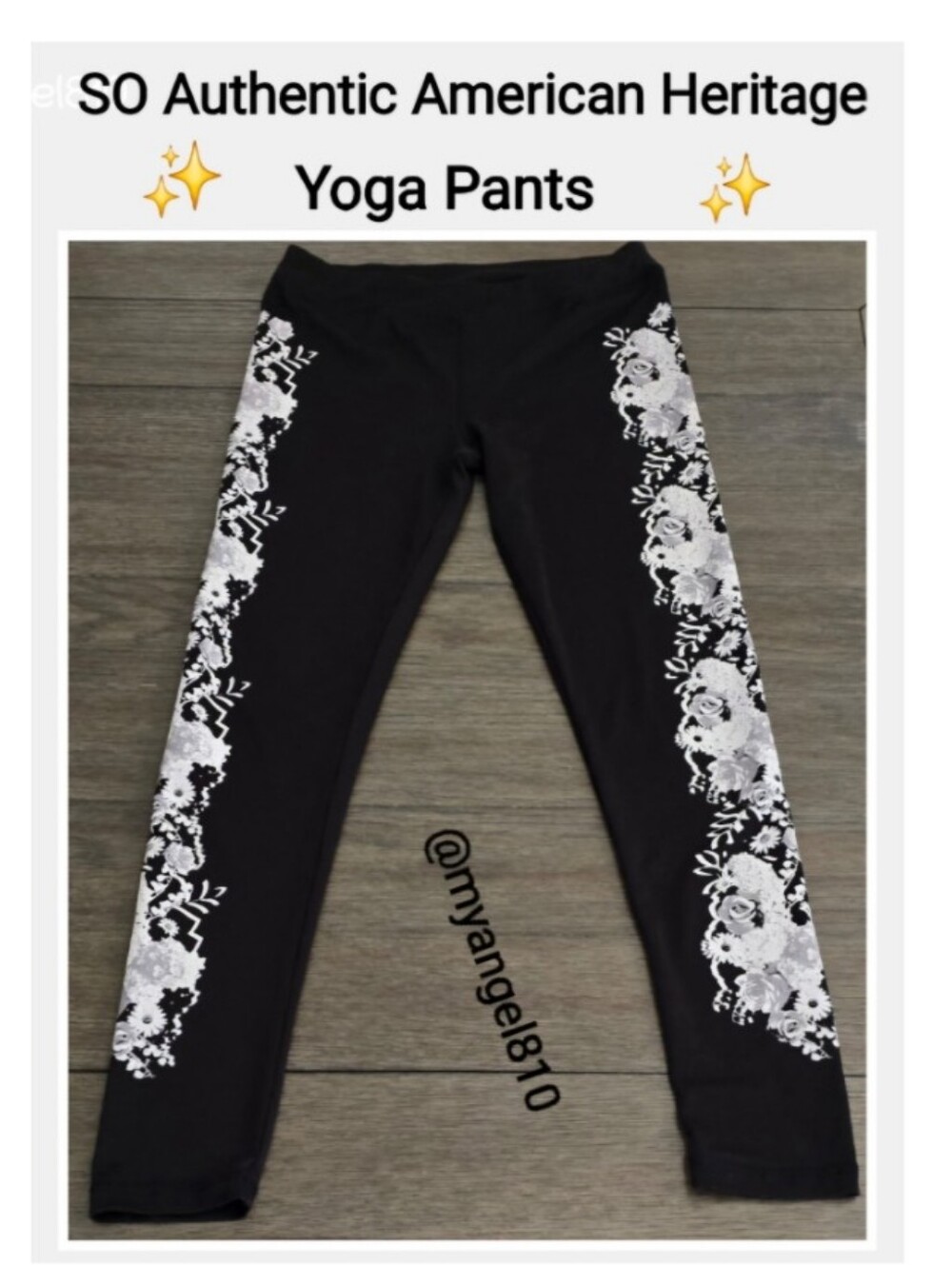 Authentic American Heritage Black Leggings with White Floral Side Panels, Size M